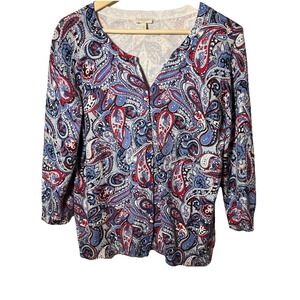 TALBOTS Women Stretch‎ Comfy 100% Cotton Cardigan Sweater Multicolor Paisley M